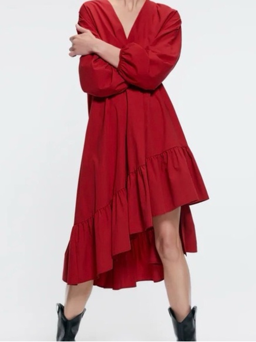 Zara Red V-Neck High-Low Ruffle Dress size Small
